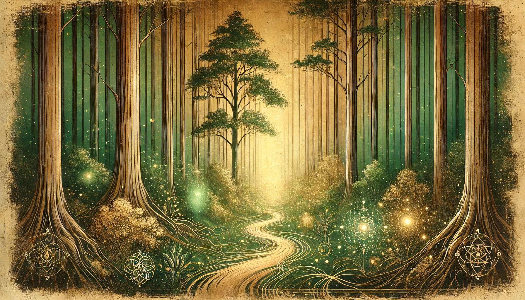Ein Banner für Emotionscode und Körpertherapie als Hintergrund der Kontaktmöglichkeit. Eine Illustration in warmen grün und antik-beige-Tönen, zeigt einen Weg der durch einen Wald führt umgeben von leuchtenden heiligen Symbolen der Energiemedizin und des Emotionscode.