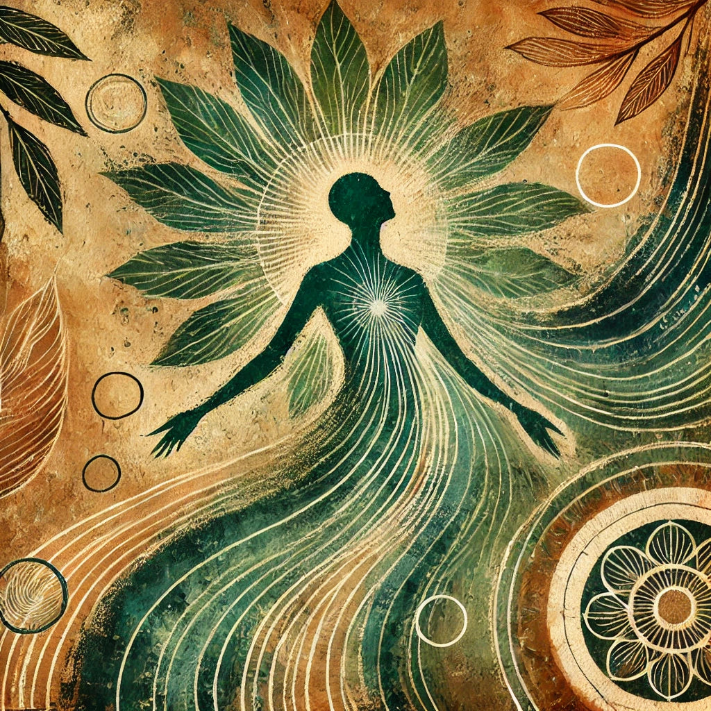 Produktbild für Emotionscode - Illustration einer Person in dunklem grün mit leuchtendem Herzzentrum für den Emotionscode. Alles auf antik-beigem Hintergrund umgeben von Blättern und heiligen Symbolen.